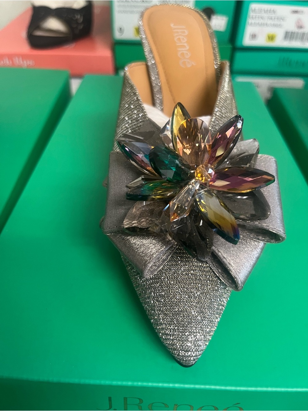 J.Renee Silver Pointed-Toe Mule with Multicolor Gem Flower